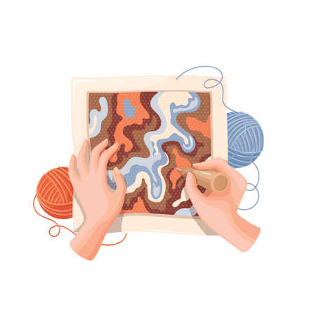 Hands making tufting on fabricのイラスト素材