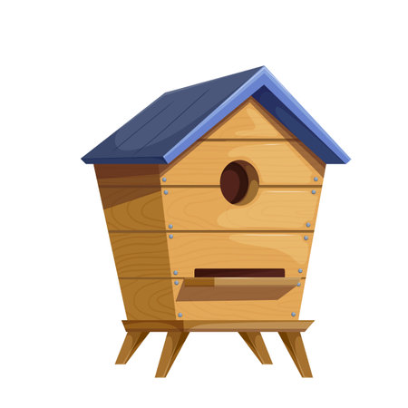 Wooden house for honey bees, isolated cute garden home and hive for swarm of honeybeesのイラスト素材