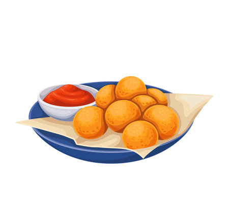 Arancini, Italian food, isolated glass plate with deep fried rice balls and tomato sauceのイラスト素材