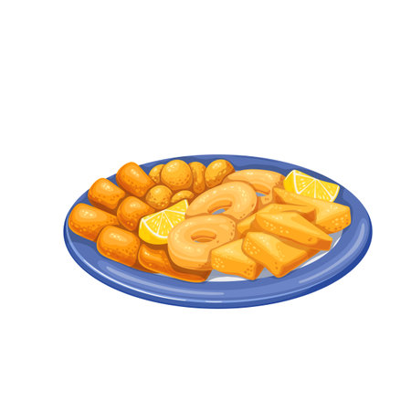 Fritto misto, Italian food, isolated glass plate with fried pieces of meat, seafoodのイラスト素材