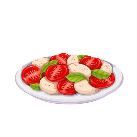 Caprese salad in Italian food, isolated plate with slices of mozzarella, tomatoes, basilのイラスト素材