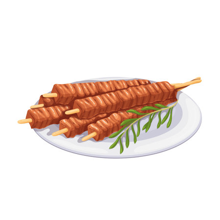 Arrosticini, grill food in cuisine of Italy, plate with grilled diced lamb meat on skewerのイラスト素材