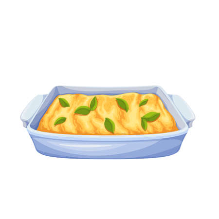 Polenta, Italian dish, tray with delicious hot cooked cornmeal porridge and basil leafのイラスト素材