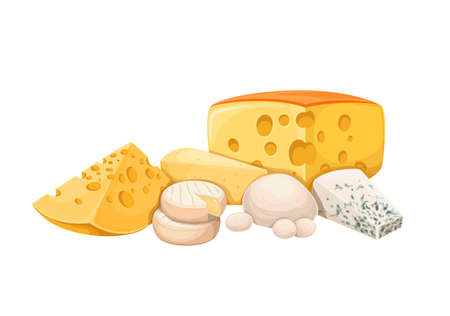 Italian cheese, slices of dairy food products set, isolated formaggio gourmet collectionのイラスト素材