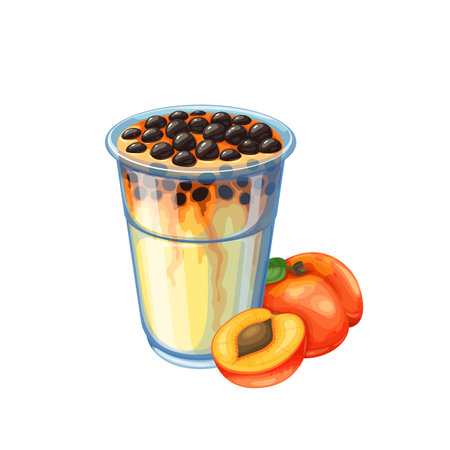 Bubble tea with peach fruit and dark tapioca pearls on top vector illustration. Cartoon isolated open plastic cup with fruity milkshake, summer juice smoothie, whole peach fruit and cut in halfのイラスト素材