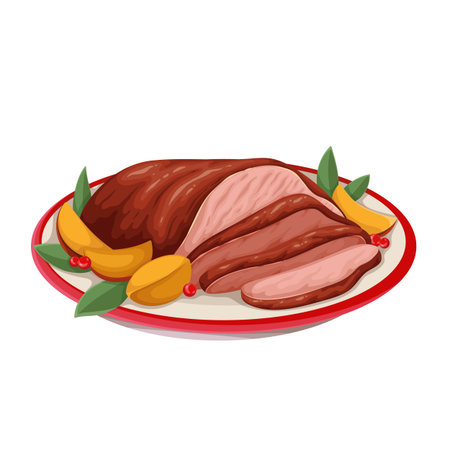 Christmas baked pork on plate vector illustration. Cartoon isolated pork meat cut into slices with roasted crispy potato wedges, roast dish eating on traditional dinner for Christmas celebrationのイラスト素材