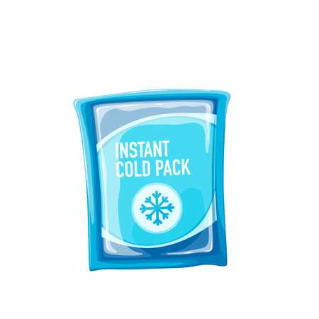 Medical ice pack from first aid kit box vector illustration. Cartoon isolated blue ice bag with cold gel for pain therapy, medicines emergency equipment and cooling container for treatment of injuryのイラスト素材