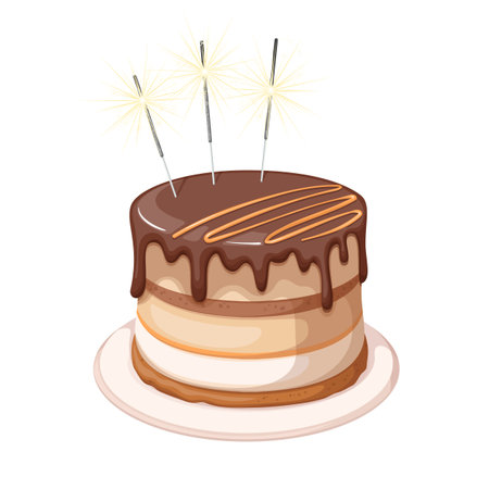 Chocolate cake with burning sparklers vector illustration. Cartoon isolated whole cake from layers...