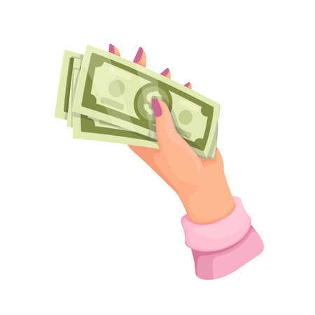 Hand holding cash money vector illustration. Cartoon fingers of woman hold pile of banknotes with dollar sign to pay on shopping, take salary or dividends, casino gift, give money bills for paymentのイラスト素材