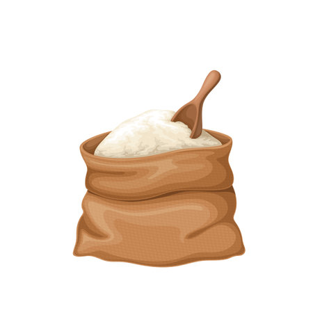 Flour bag vector illustration. Cartoon burlap brown old sack with wheat flour and wooden scoop, farm packaging with organic cereal ingredient for baking bread in bakery, cooking meal in kitchenのイラスト素材