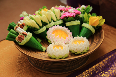 Artificial handmade clay flowers Thai traditional crafted for various ceremonies decoration.の写真素材