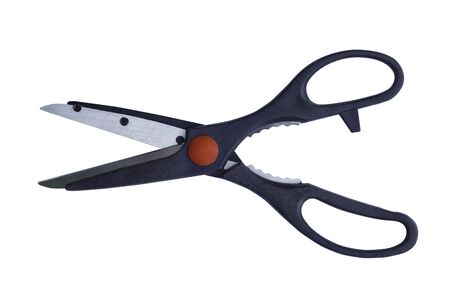 Kitchen scissors of black plastic isolated on a white background. with Clipping path.