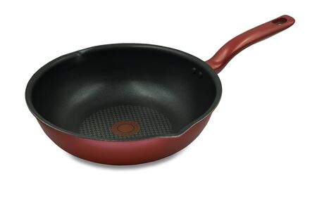 Black-Red frying pan (Red handle) isolated on white background with clipping path.の写真素材