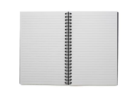 Top view, from above of open spiral blank page notebook isolated on white background for design a...