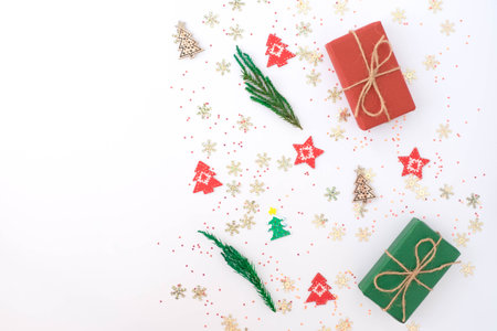 Top view above of Christmas holiday background. Composition with fir pine branches, cane, star, gift...