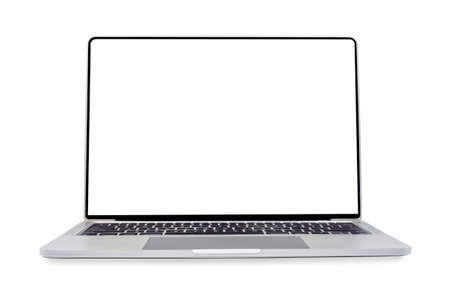 Front view of Open laptop computer. Modern thin edge slim design. Blank white screen display for...