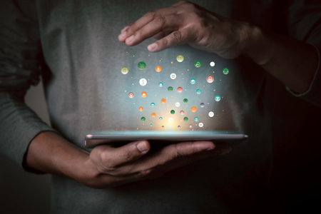 Businessman holding tablet showing virtual icons app. Social digital, Analysis strategy sale...