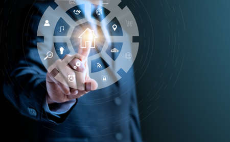 Businessman showing hologram, analyzing sales data and economic. Analysis strategy sale marketing...