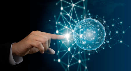 Businessman hand touching world global network. Analysis strategy data communication online...
