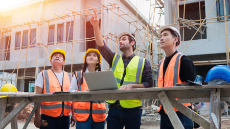 Diverse Team of Civil engineers manager, architects and foreman, worker. While use laptop inspect discuss meeting building project and pointing on construction site. Real estate and building concept.の写真素材