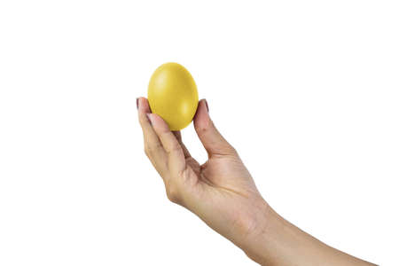 Isolated Asian women hand holding gold egg on white background, with copy space for message.の写真素材