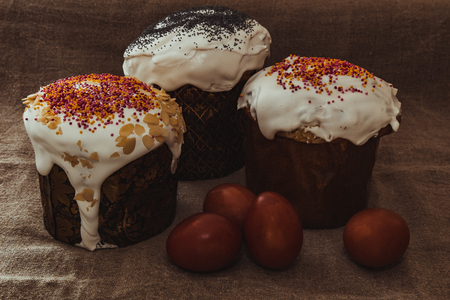 sweet Easter holiday cake with painted eggsの写真素材