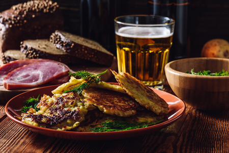Potato Pancakes with Beer and Some Snacksの写真素材