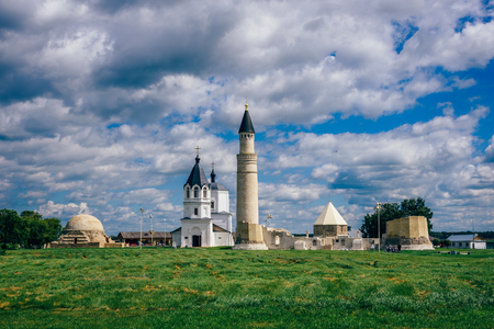 Temples and Buildings of Bolghar Hill Fort, Rusiia. Ruins of Cathedral Mosque with Big Minaret, Dormition Church, Eastern and Northern Mausoleum.の写真素材