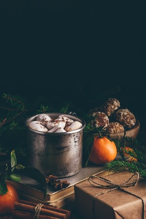 Christmas dessert with hot chocolate, marshmallow and gingerbread. Copy spaceの写真素材
