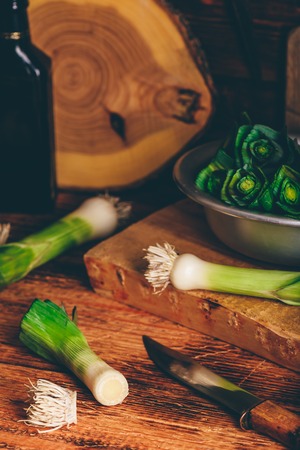 Fresh green leek with knife in rustic settingの写真素材