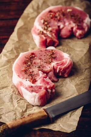 Pork loin steaks with ground spices on baking paperの写真素材