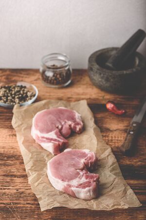 Two pork loin steaks on baking paperの写真素材