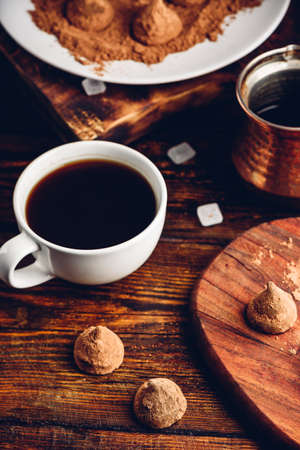 Homemade chocolate truffles coated with black coffeeの写真素材