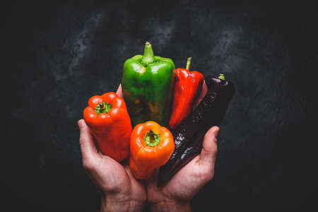 Hands with different bell peppers. View from aboveの写真素材
