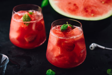 Fresh cocktail with watermelon, strawberry and mint garnish on dark concrete backgroundの写真素材