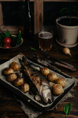 Baked Sea Bass Stuffed with Sorrel and New Potatoes on Baking Trayの写真素材
