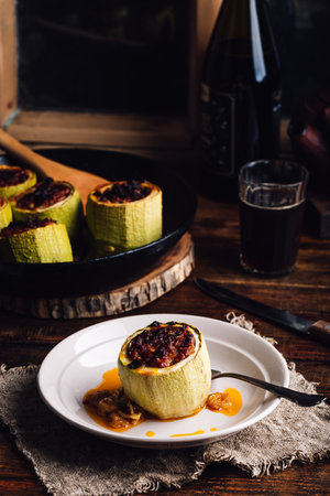 One Portion of Baked Stuffed Zucchini on Plateの写真素材