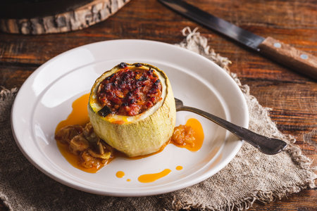 Baked Zucchini Stuffed with Ground Meat and Greens Served on Plateの写真素材