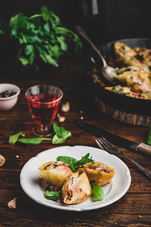 Baked shells pasta stuffed with ground beef, spinach and cheese on white plateの写真素材