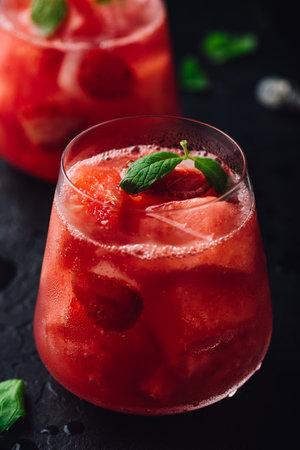Glass of cool watermelon and strawberry cocktail with fresh mint leaves on dark concrete backgroundの写真素材