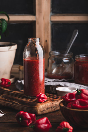 Fresh Cooked Hot Chili Sauce with Habanero Peppers, Bell Peppers, Tomatoes and Garlic Clovesの写真素材
