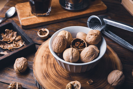Walnuts in bowl and nutcracker on rustic table