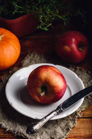 Red Apple on White Plate with Vintage Knifeの写真素材