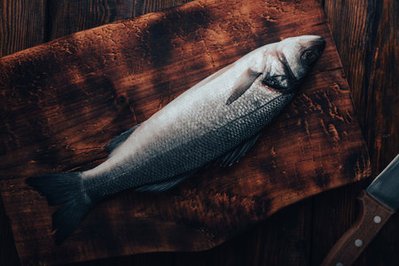 Sea Bass on Cutting Board. View from Aboveの写真素材