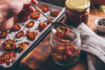 Preserving of Sun Dried Tomatoes with Thyme and Garlic in a Glass Jarの写真素材