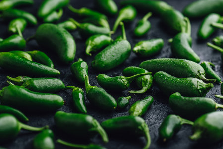 Close Up of Green Jalapeno Peppers on Black Concrete Backgroundの写真素材