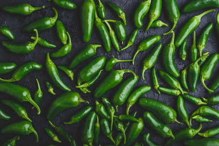 Top View of Green Jalapeno Peppers on Black Concrete Background
