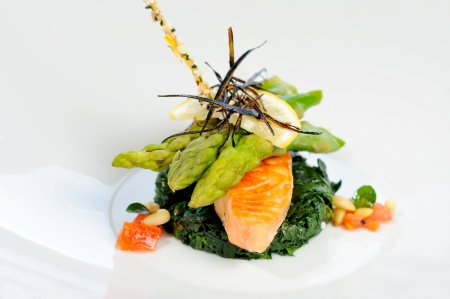 Grilled salmon with asparagus and chard の写真素材