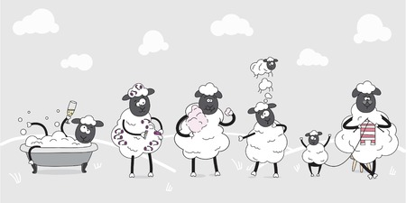 Farm animals. Family of cute sheeps. Funny cartoon characters. Everyday behaviours.のイラスト素材
