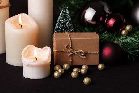 Christmas decoration. Blurred colorful lights background. Close up